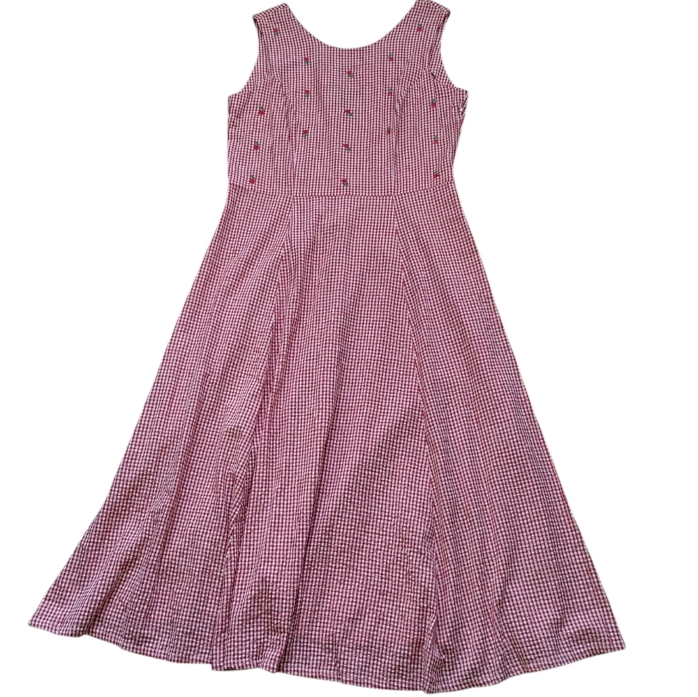 Vintage JG Hook Red Gingham Embroidered Maxi A-line Dress Women's Size 16